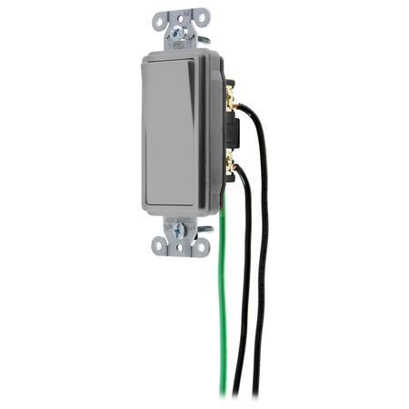 HUBBELL WIRING DEVICE-KELLEMS Spec Grade, Decorator Switches, General Purpose AC, Single Pole, 15A 120/277V AC, Back and Side Wired, Pre-Wired with 8" #12 THHN DSL115GY